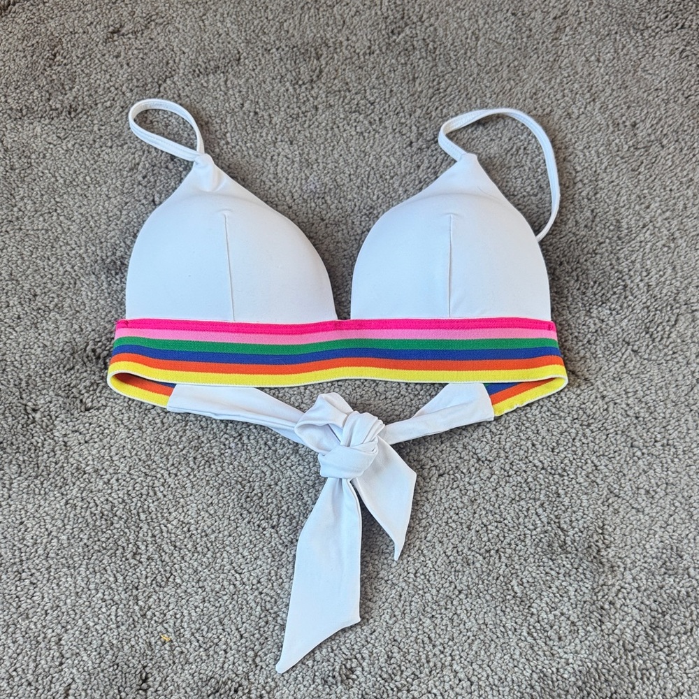 SO Bikini Top White Rainbow Band Tie Front Triangle Bra SIZE XS